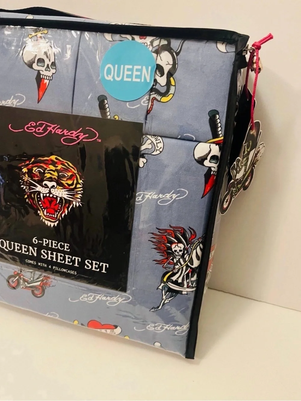 Ed Hardy Blue 6 Piece Queen Size Sheet Set Motorcycles Skulls Love Kills Slowly